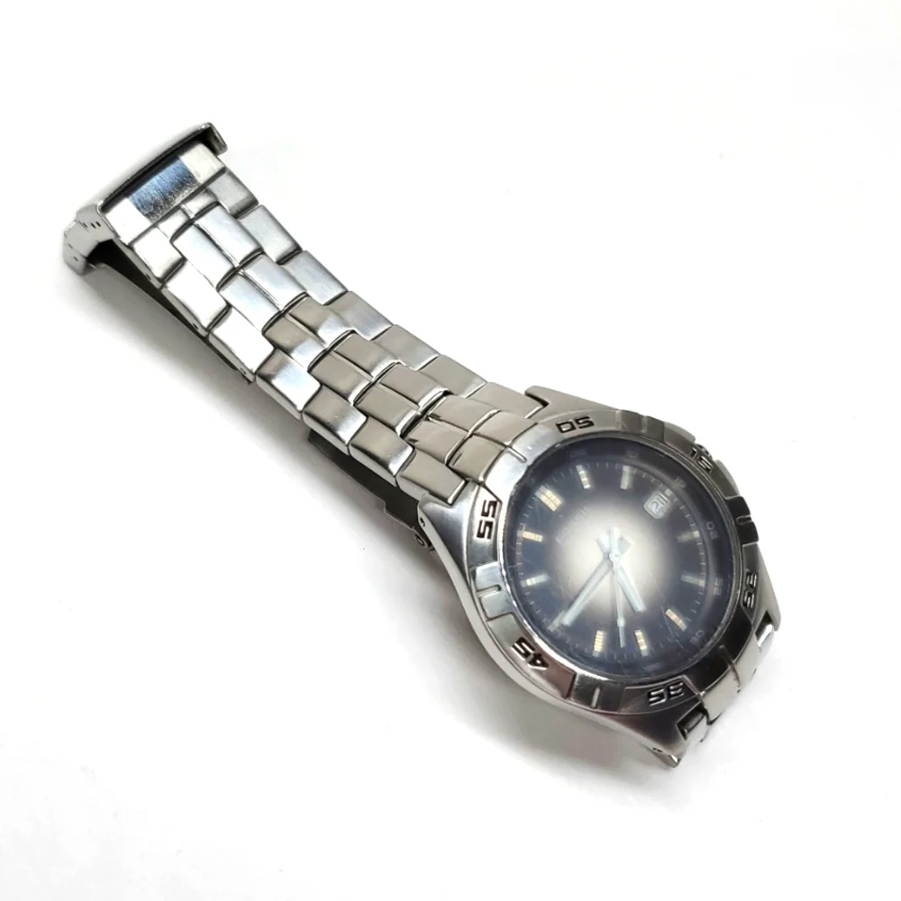 Vintage Fossil Blue AM-3997 Mens Watch Silver Steel Wristband Gray Face Watch